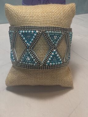 Turquoise Beaded Silver-Tone Geometric Cuff Bracelet